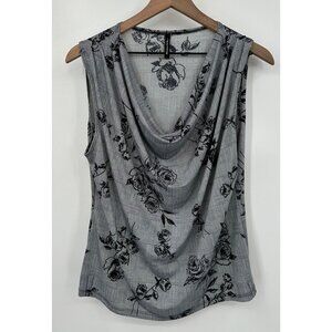 Bleeker & McDougal Draped Neck Blouse Women L Grey Glen Check Floral Sleeveless